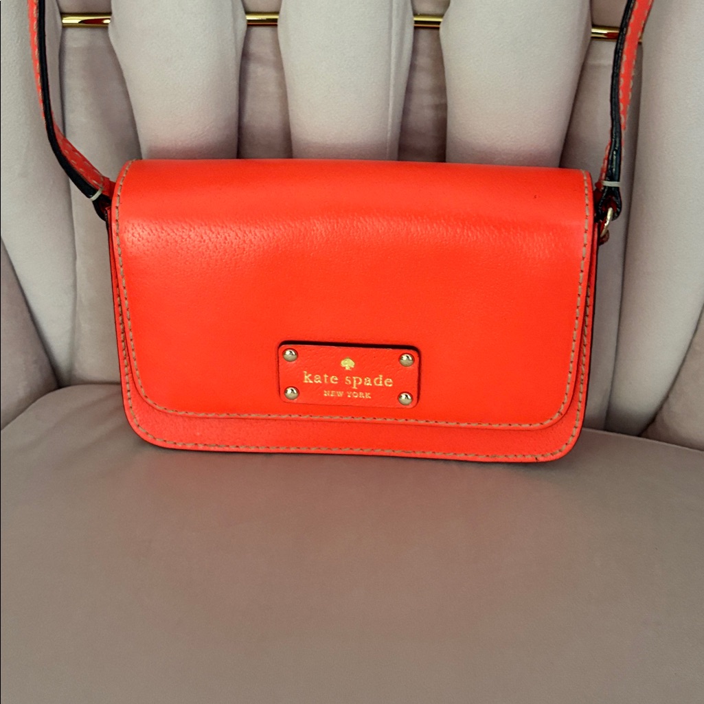 Kate Spade Coral Orange Leather Crossbody With Gold Plaque